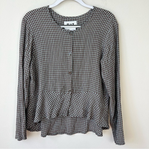 Flax Peplum Button Front Long Sleeve Top Gingham Checkered Organic Lagenlook - Picture 1 of 4